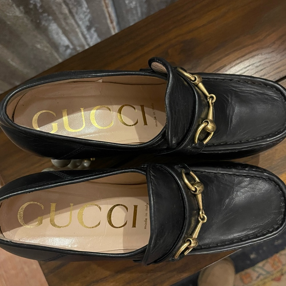 Gucci Black Platform Loafers with Gold and Pearl Accents - Picture 2 of 5
